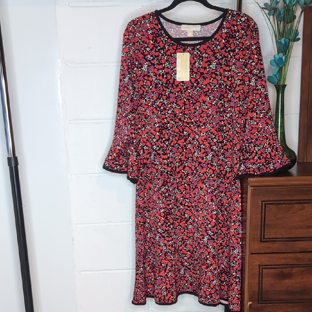NEW MICHAEL Michael Kors Red and Black Floral Long Sleeve Dress